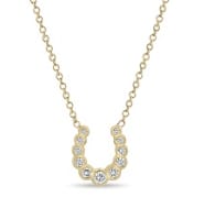 14K GOLD SMALL GRADUATED BEZEL HORSESHOE NECKLACE WITH WHITE ROUND DIAMONDS ON A 14-15-16" TINY CABLE CHAIN (.15 CTW)