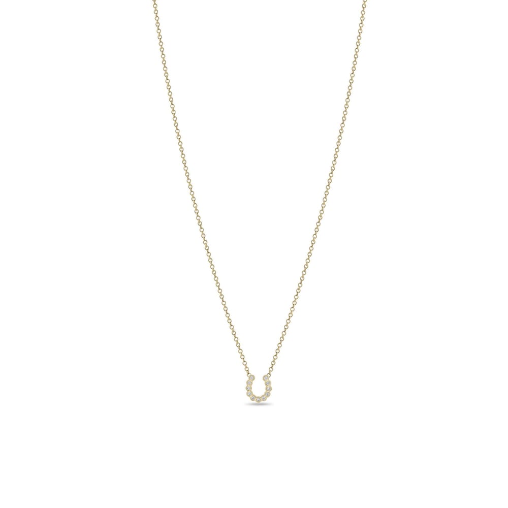 14K GOLD XS BEZEL HORSESHOE NECKLACE OF 1MM WHITE ROUND DIAMONDS ON A 14-15-16" TINY CABLE CHAIN (.06 CTW)