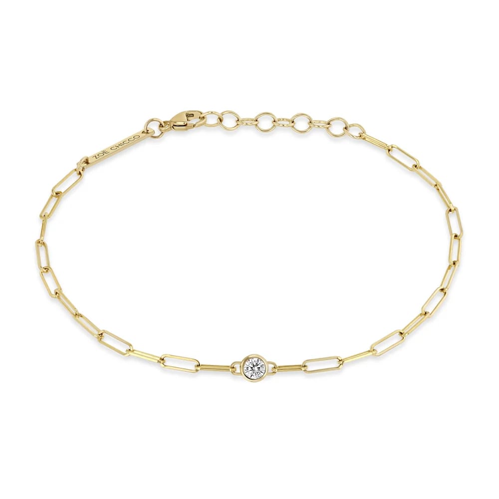 14K SMALL PAPERCLIP CHAIN BRACELET WITH A FLOATING 3MM DIAMOND IN THE CENTER - 6-7" ADJUSTABLE LENGTH (.10 CTW)
