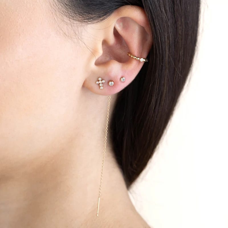 14K GOLD TINY BEZEL 1MM DIAMOND CROSS STUD EARRINGS (.06 CTW)