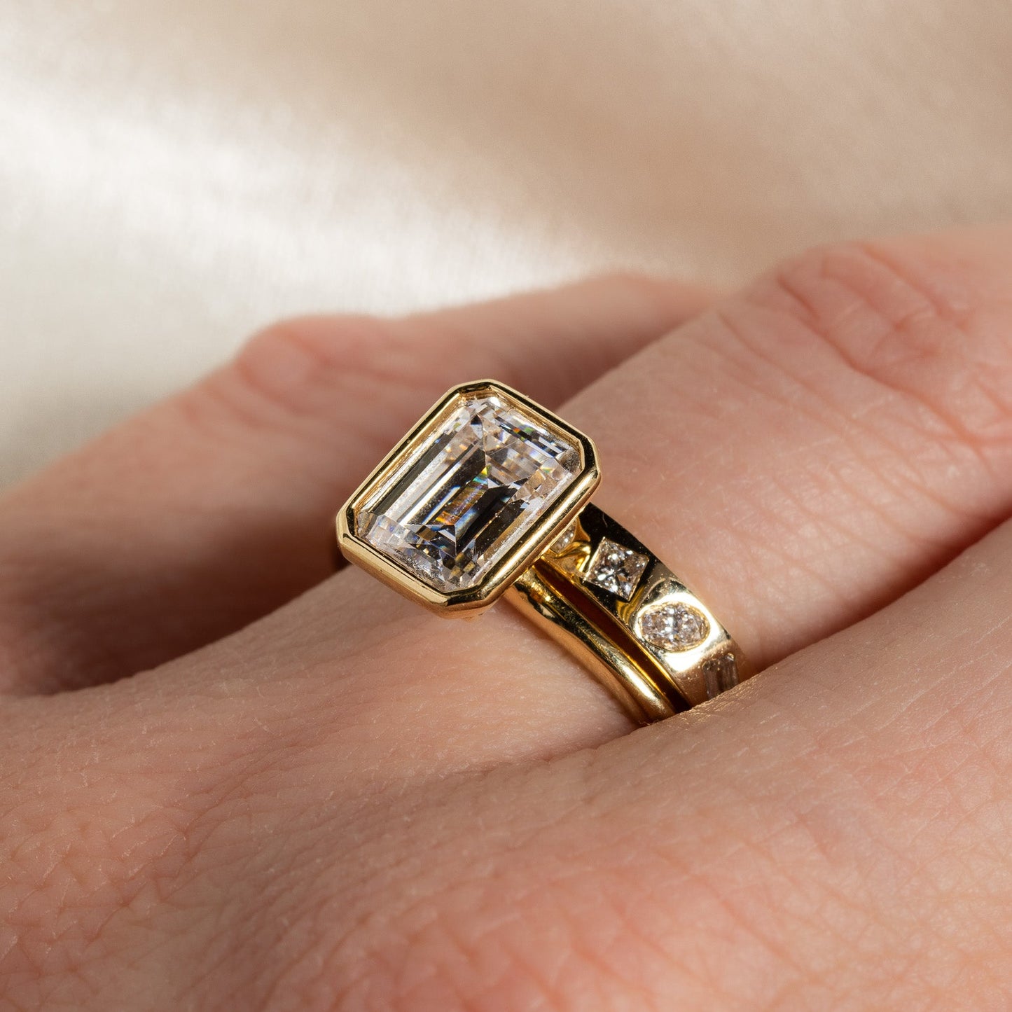 Sylvie Cliodhna Bezel Emerald Cut Solitaire Engagement Ring 18K Yellow Gold