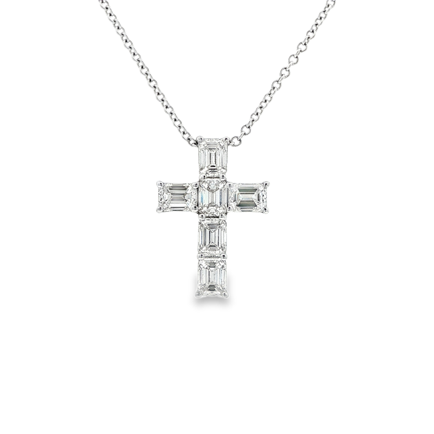 Norman Silverman 1.40ct Emerald-Cut Diamond Cross Pendant Necklace 18K White Gold