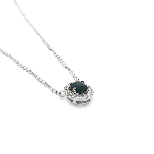 King Jewelers Oval Blue Sapphire Pendant Necklace with Diamond Halo 18K White Gold