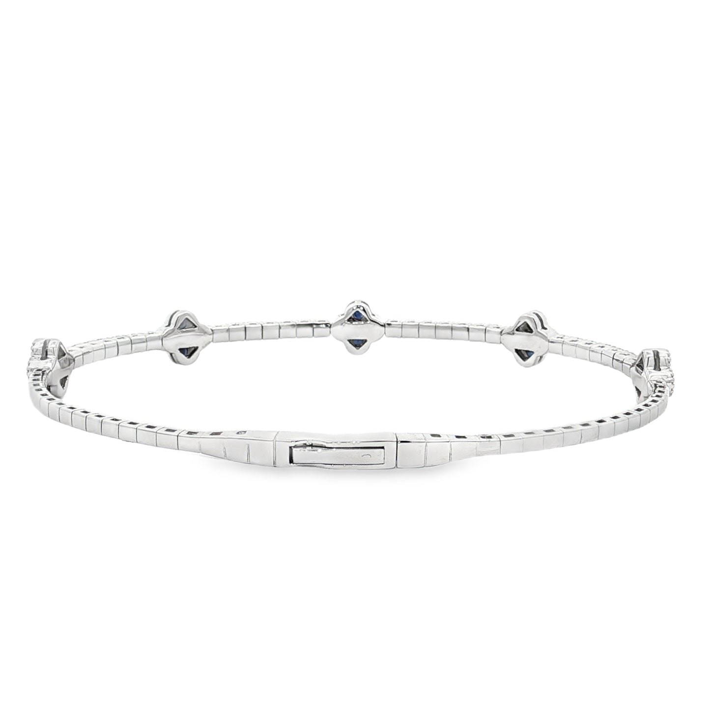 King Jewelers Blue Sapphire Clover and Diamond Bangle Bracelet 14K White Gold
