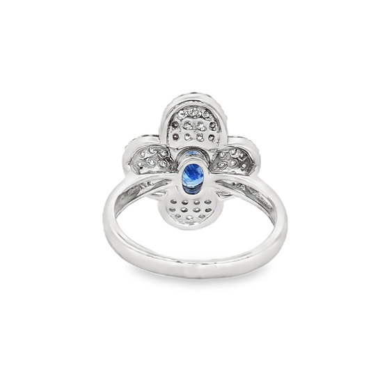 King Jewelers Blue Sapphire Floral Cocktail Ring with Diamonds 18K White Gold