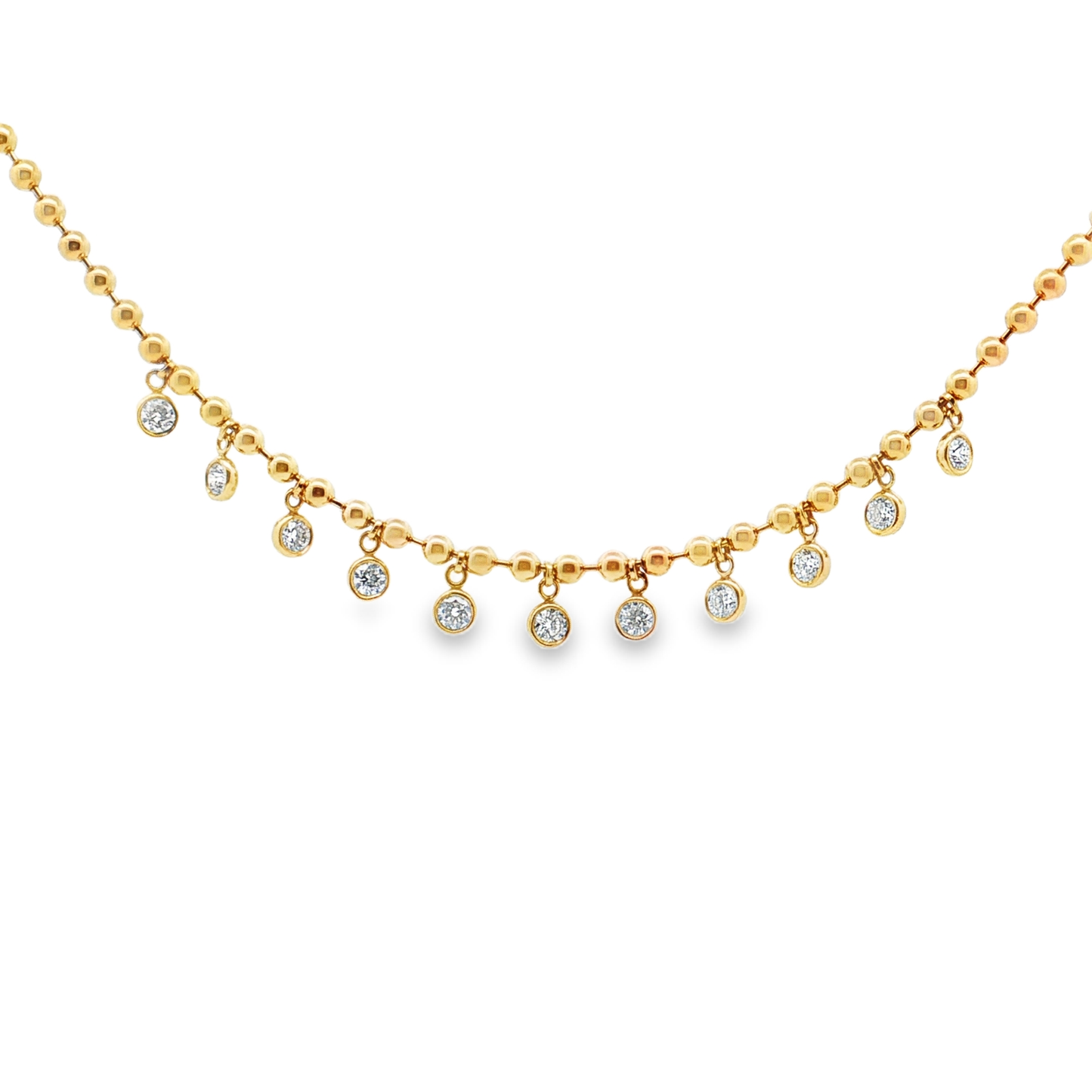 King Jewelers Beaded Diamond Bezel Drop Necklace 14K Yellow Gold