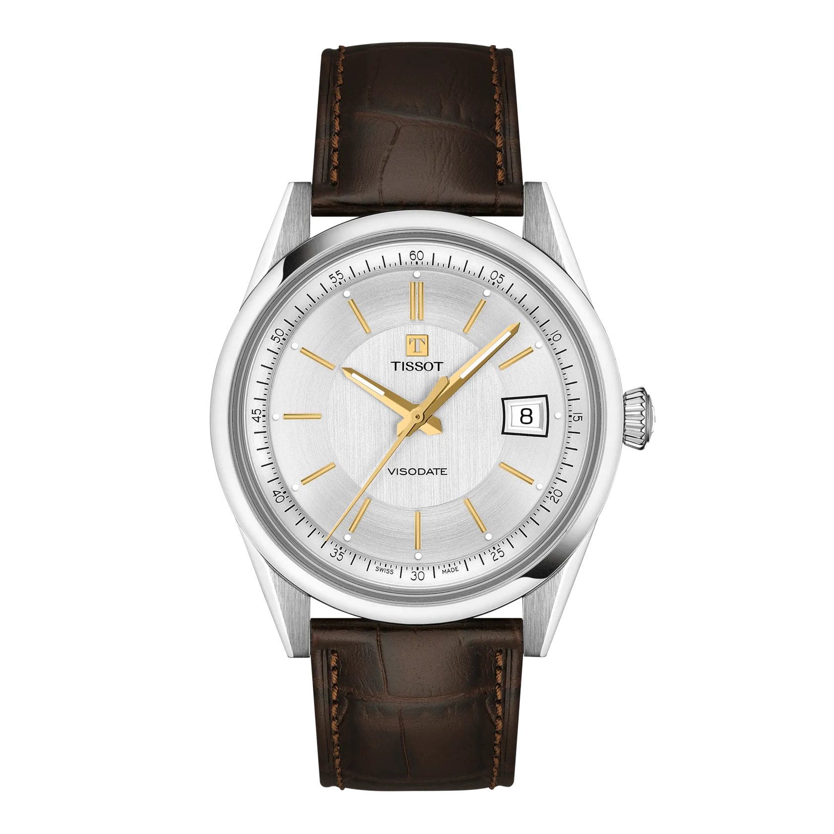 Tissot Visodate 自動巻き腕時計 Tissot Visodate 39mm Automatic Silver Dial Leather Strap Watch