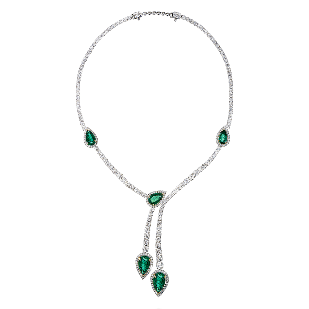 Butani Pear Emerald Diamond Necklace 18K White Gold