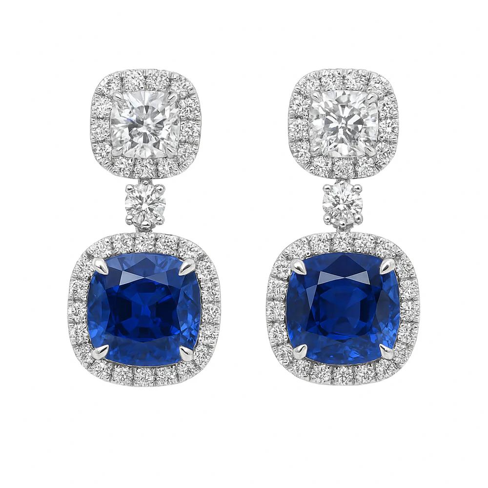 King Jewelers Cushion Cut Blue Sapphire and Diamond Drop Earrings 18K White Gold