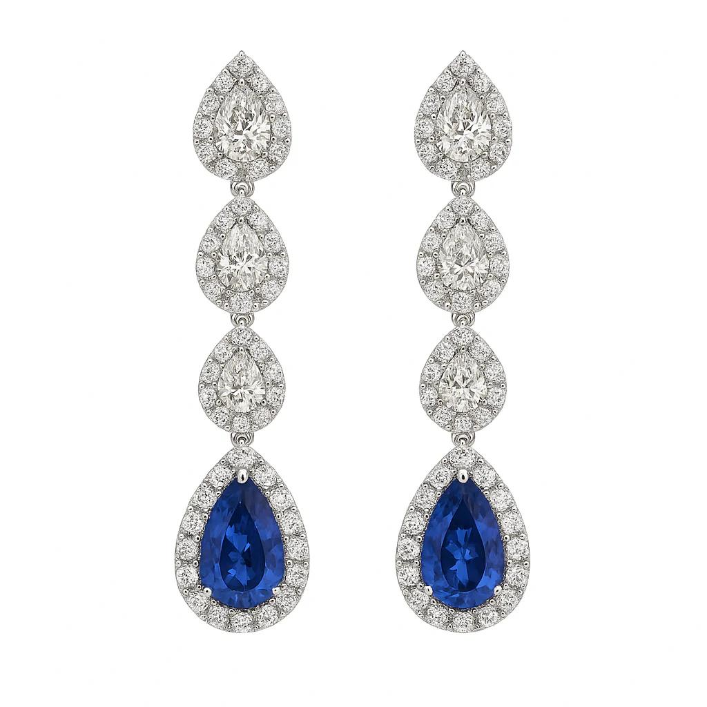 King Jewelers Pear Diamond and Blue Sapphrie Drop Earrings 18K White Gold