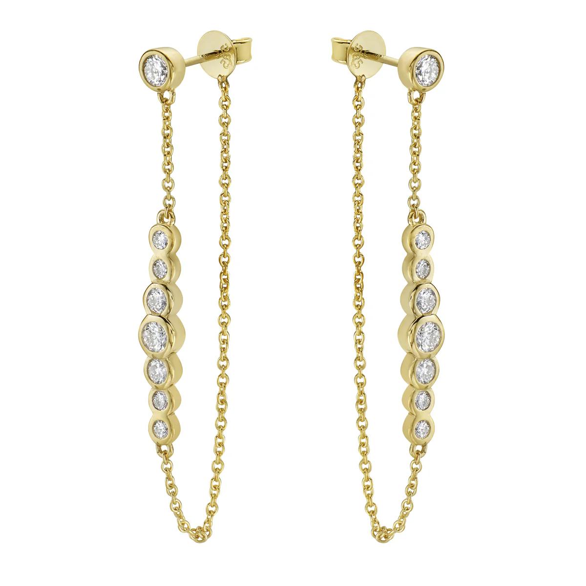 King Jewelers Diamond Bezel Chain Drop Earrings 14K Yellow Gold