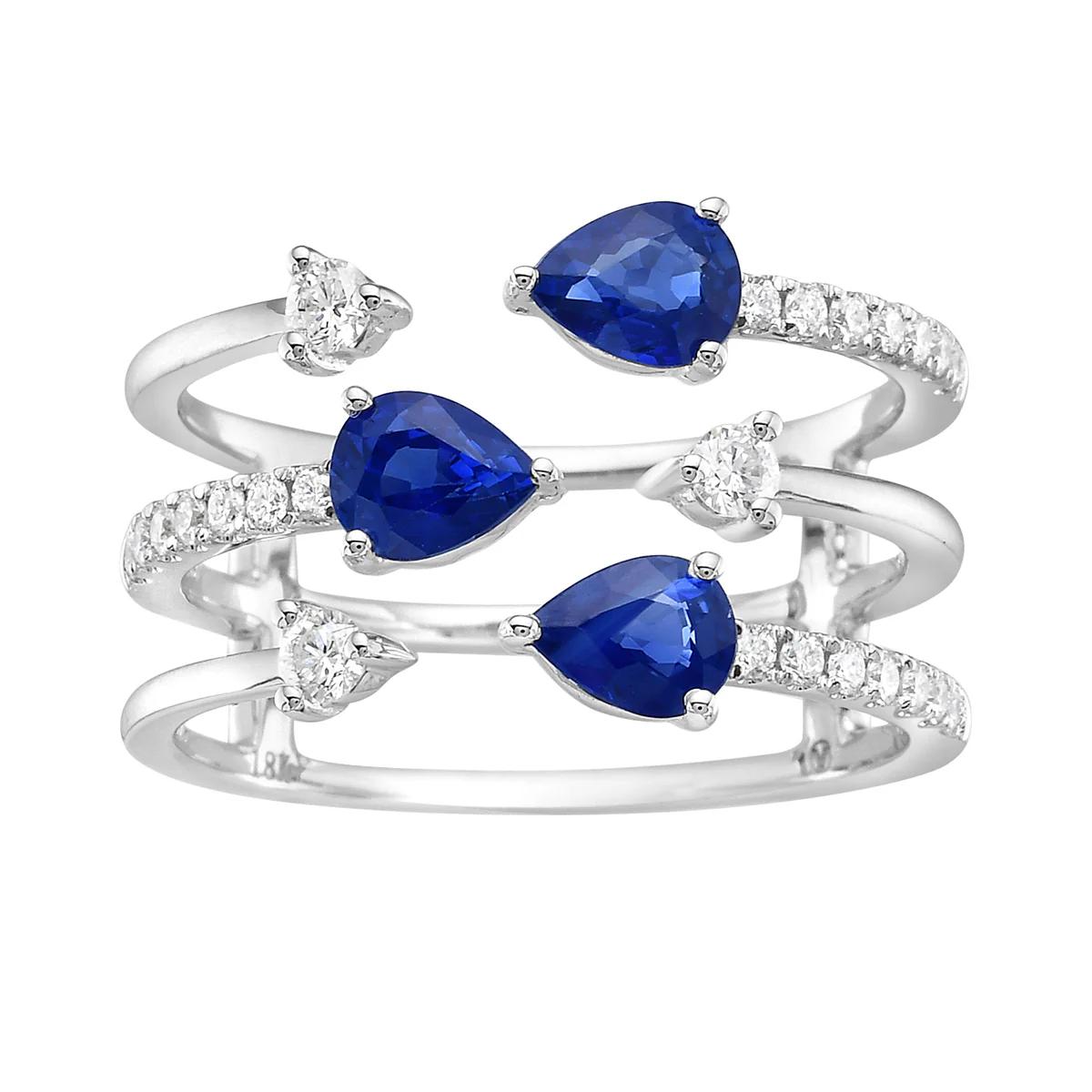 King Jewelers Blue Sapphire and Diamond Open Multirow Ring 18K White Gold