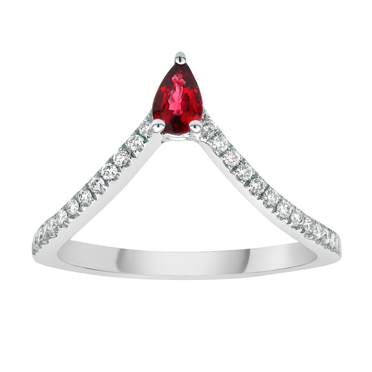 King Jewelers Pear Ruby and Diamond Curved Stackable Ring 14K White Gold