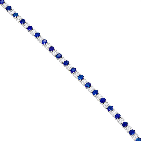 King Jewelers Oval Blue Sapphire and Diamond Bracelet 18K White Gold