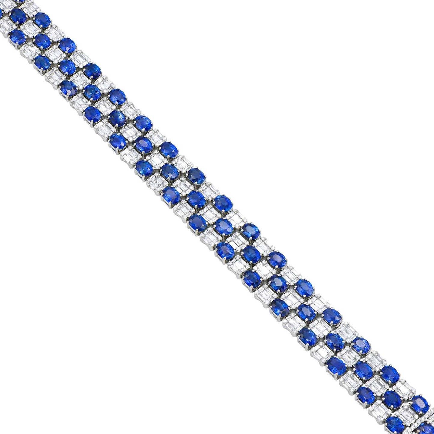 King Jewelers Multirow Blue Sapphire and Diamond Bracelet 18K White Gold