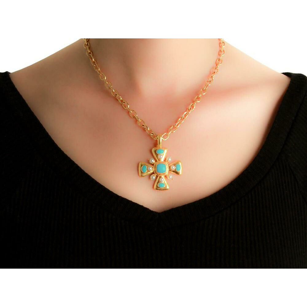 Elizabeth Locke Sleeping Beauty Turquoise Maltese Cross Pendant
