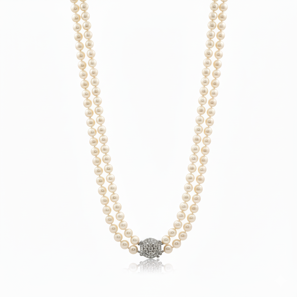 King Jewelers Double Strand 18" Cultured Pearl Necklace with Platinum Diamond Clasp