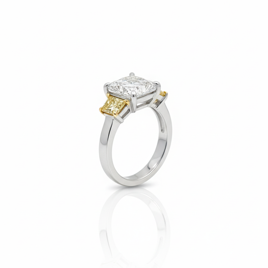 KJ5 Platinum GIA Radiant Cut and Fancy Yellow Diamond 3-Stone Engagement Ring