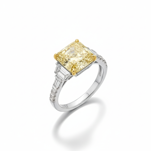 KJ5 Platinum GIA Certified Radiant Cut Fancy Yellow Diamond 3-Stone Engagement Ring