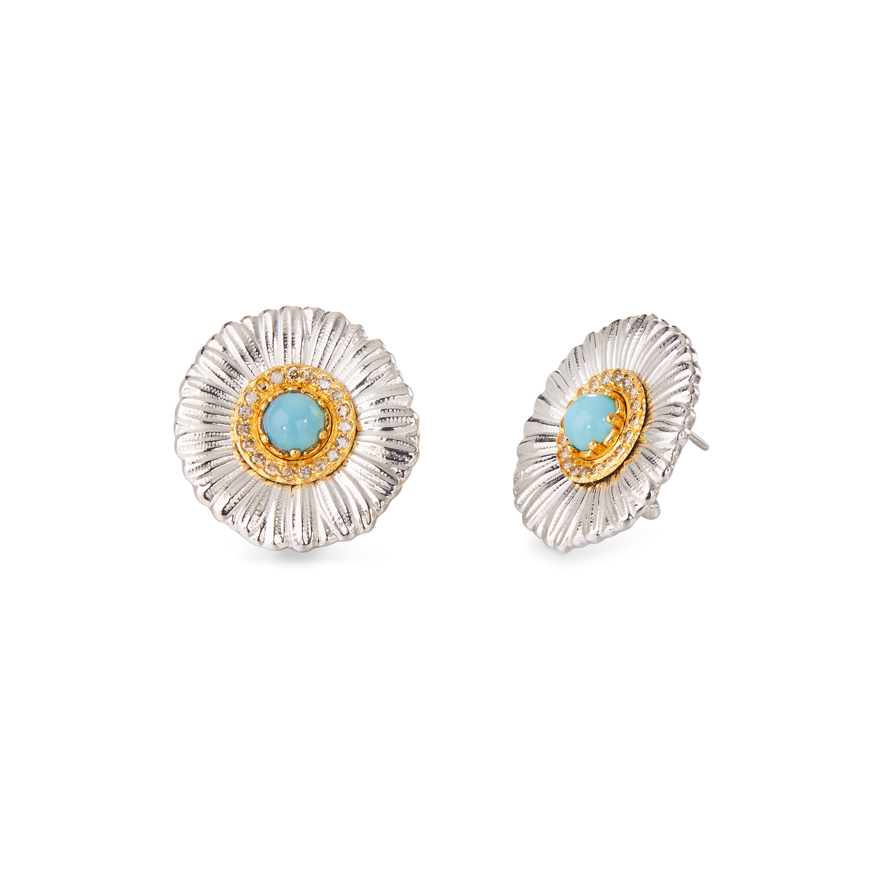 Buccellati Blossoms Silver Button Earrings with Diamonds and Light Blue Agate