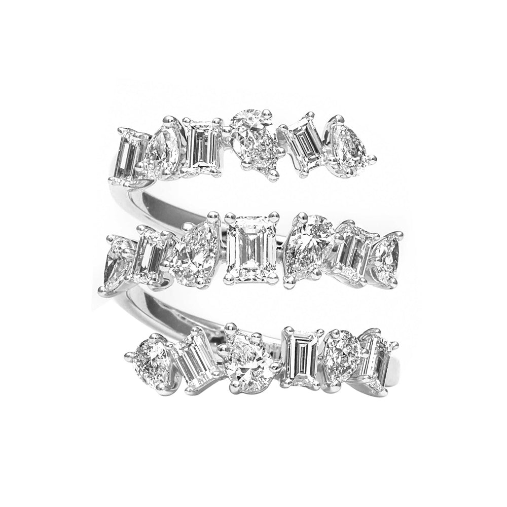King Jewelers 18K White Gold Three Row Mixed Fancy Shape Diamond Wrap Ring