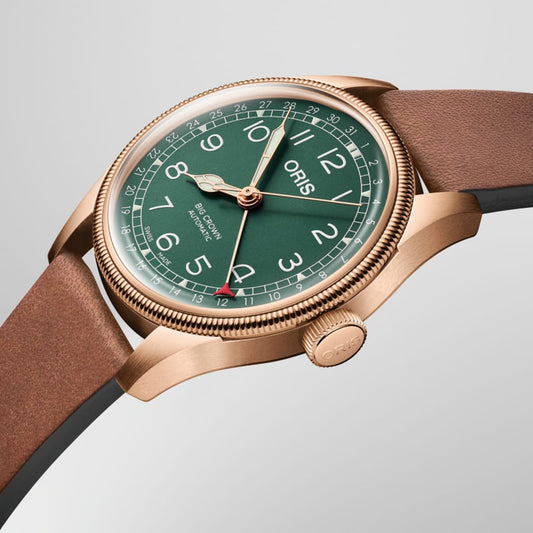 40MM ORIS BIG CROWN POINTER DATE, BRONZE CASE, GREEN DIAL, BROWN LEATHER STRAP.