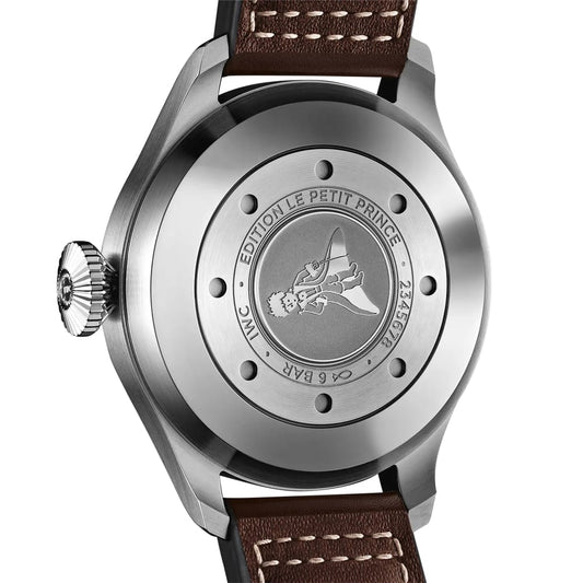 46MM IWC BIG PILOT LE PETIT PRINCE, STEEL CASE, BLUE DIAL, BROWN LEATHER STRAP.