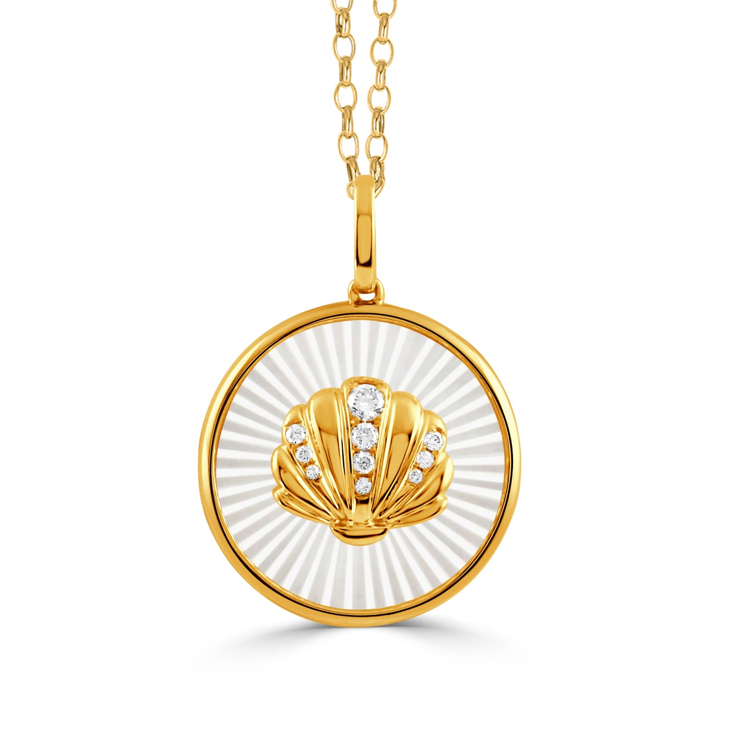 Doves Tropics 14K Yellow Gold Diamond Sea Shell Pendant on Carved White Mother of Pearl
