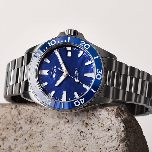 Shinola Monster Lake Michigan 39mm Lake Blue Mother of Pearl Dial Stainless Steel Bracelet Watch