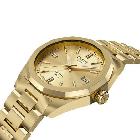 Tissot PRC 100 Solar 34mm Champagne Dial Gold PVD Watch