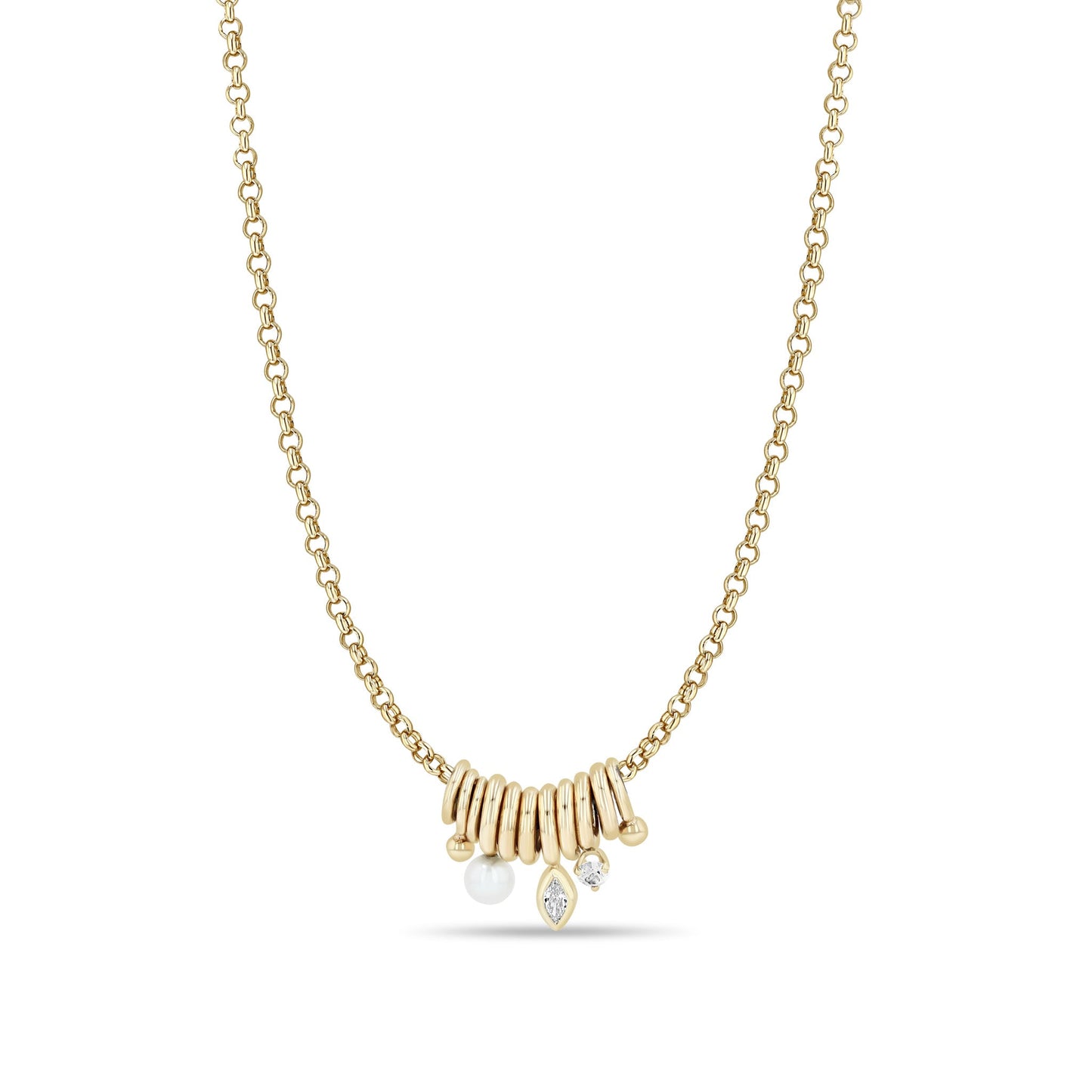 Zoe Chicco Mixed Rings Diamond Pearl Necklace 14K Yellow Gold