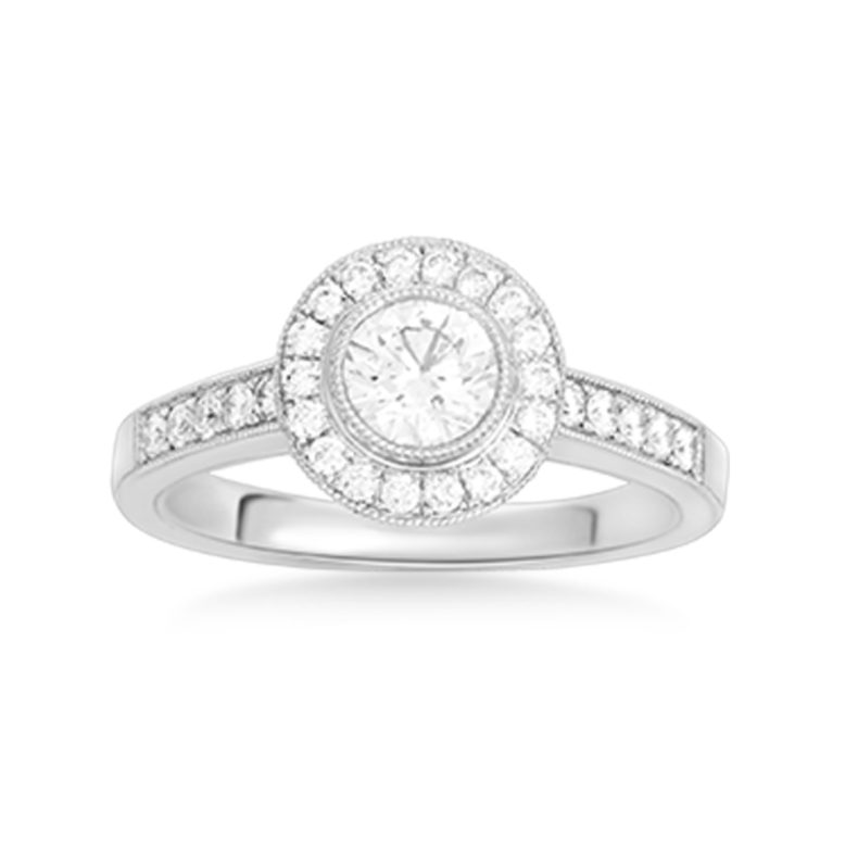 KJ5 Round Halo Diamond Engagement Ring with Milgrain