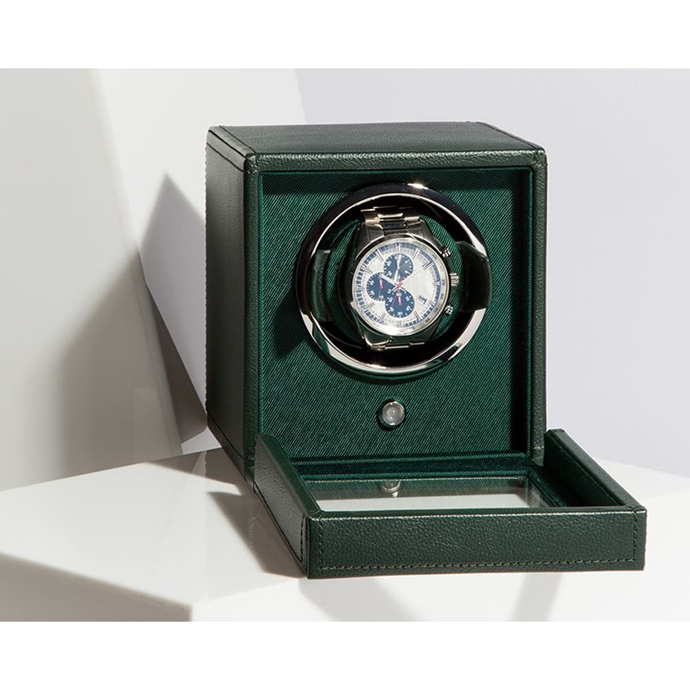 Wolf Cub Single Watch Winder With Cover Green with watch
