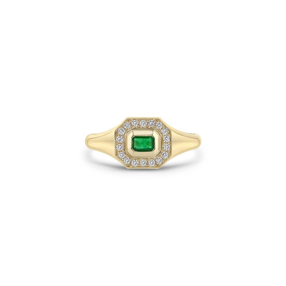 14K GOLD HORIZONTAL EMERALD CUT HALO SIGNET RING WITH AN EMERALD IN THE MIDDLE FRAMED BY WHITE PAVÉ DIAMONDS (.15 CTW