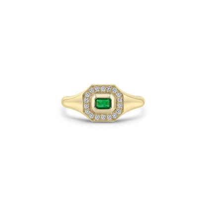 14K GOLD HORIZONTAL EMERALD CUT HALO SIGNET RING WITH AN EMERALD IN THE MIDDLE FRAMED BY WHITE PAVÉ DIAMONDS (.15 CTW