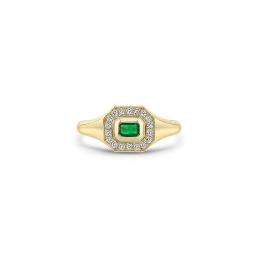 14K GOLD HORIZONTAL EMERALD CUT HALO SIGNET RING WITH AN EMERALD IN THE MIDDLE FRAMED BY WHITE PAVÉ DIAMONDS (.15 CTW