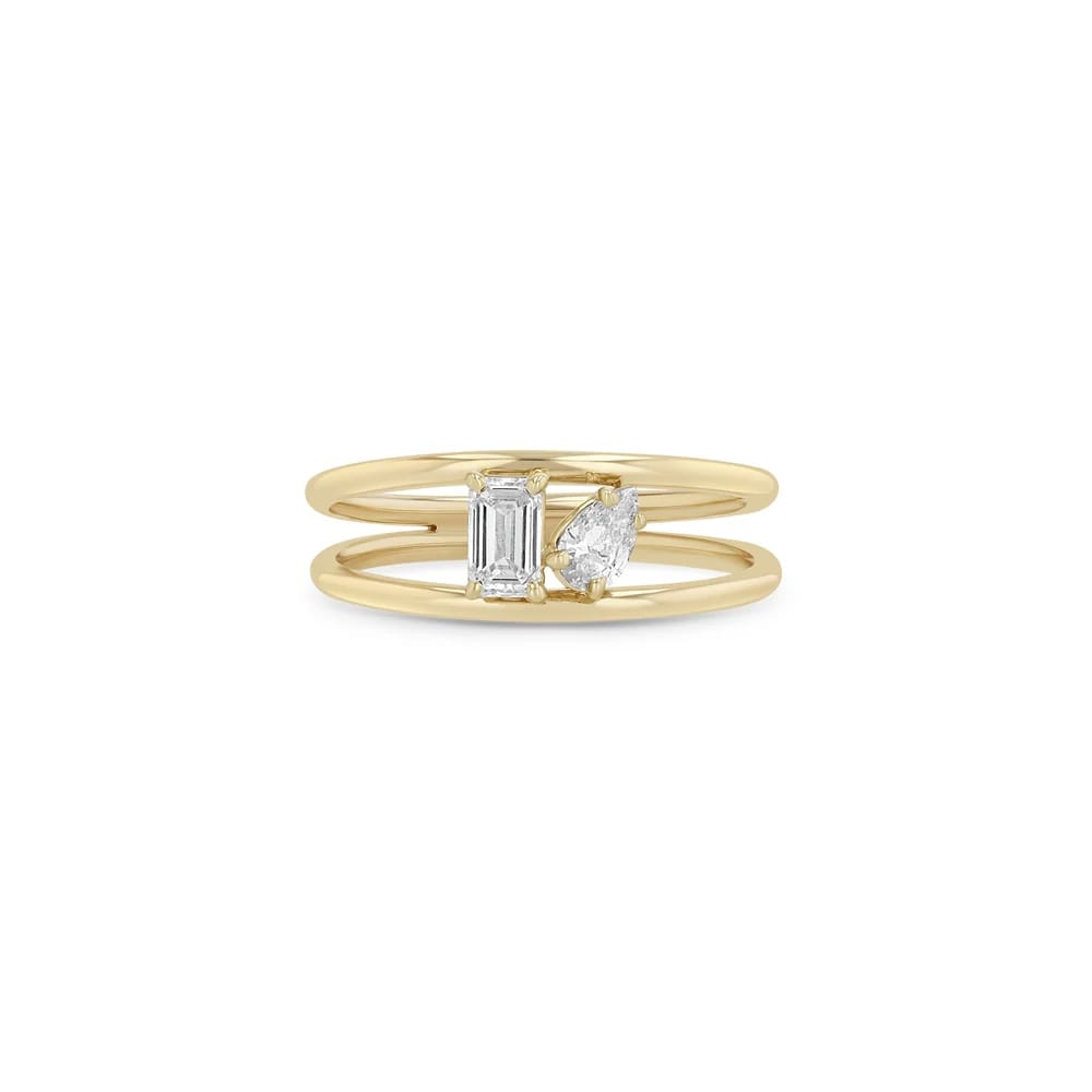 14K GOLD OPEN BAND RING WITH PRONG SET 5X3MM EMERALD AND PEAR CUT DIAMONDS (.55 CTW)