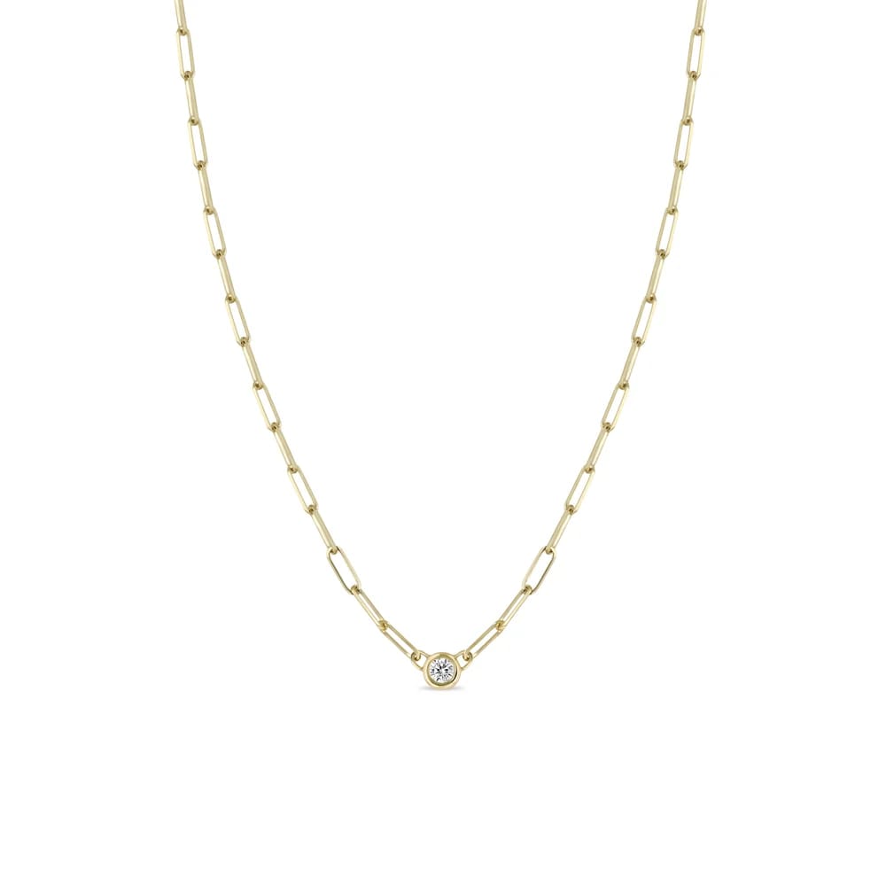 14K GOLD SMALL MIXED PAPERCLIP CHAIN NECKLACE WITH A FLOATING 3MM DIAMOND IN THE MIDDLE - 16" LONG (.10 CTW)