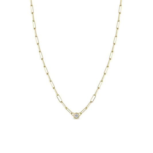 14K GOLD SMALL MIXED PAPERCLIP CHAIN NECKLACE WITH A FLOATING 3MM DIAMOND IN THE MIDDLE - 16" LONG (.10 CTW)