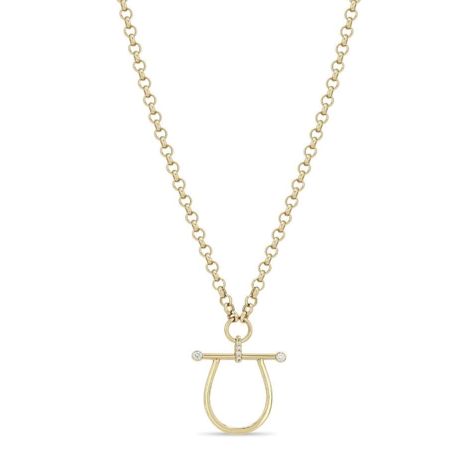 14K GOLD STIRRUP NECKLACE WITH 2MM BEZEL SET DIAMONDS AND A PAVE DIAMOND BAIL ON MEDIUM ROLO CHAIN - 16-18" (.08 CTW)
