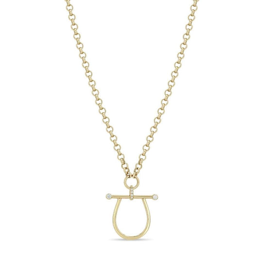 14K GOLD STIRRUP NECKLACE WITH 2MM BEZEL SET DIAMONDS AND A PAVE DIAMOND BAIL ON MEDIUM ROLO CHAIN - 16-18" (.08 CTW)