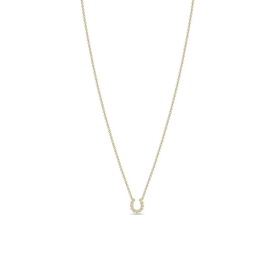14K GOLD XS BEZEL HORSESHOE NECKLACE OF 1MM WHITE ROUND DIAMONDS ON A 14-15-16" TINY CABLE CHAIN (.06 CTW)