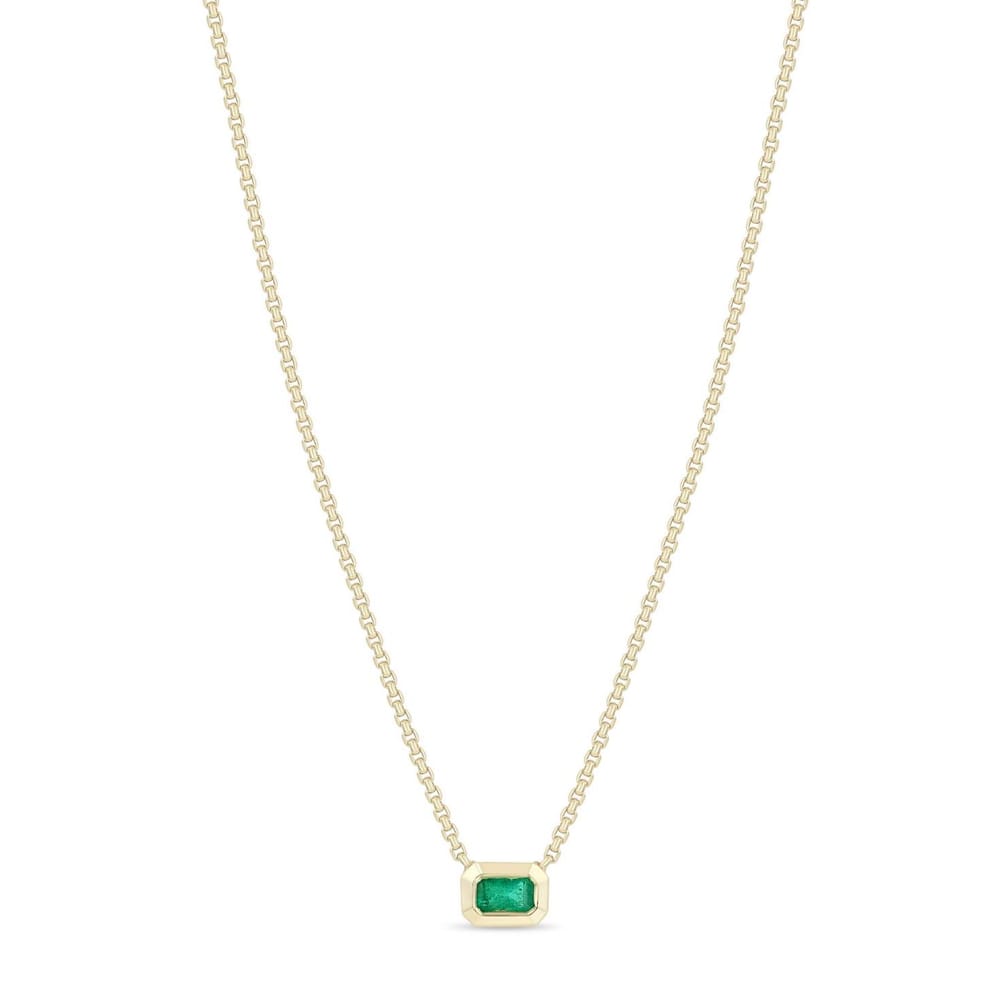 14K GOLD BEZEL SET 5X3MM EMERALD CUT EMERALD NECKLACE ON A 14-16" ADJUSTABLE EXTRA SMALL BOX CHAIN