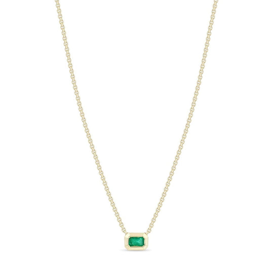 14K GOLD BEZEL SET 5X3MM EMERALD CUT EMERALD NECKLACE ON A 14-16" ADJUSTABLE EXTRA SMALL BOX CHAIN