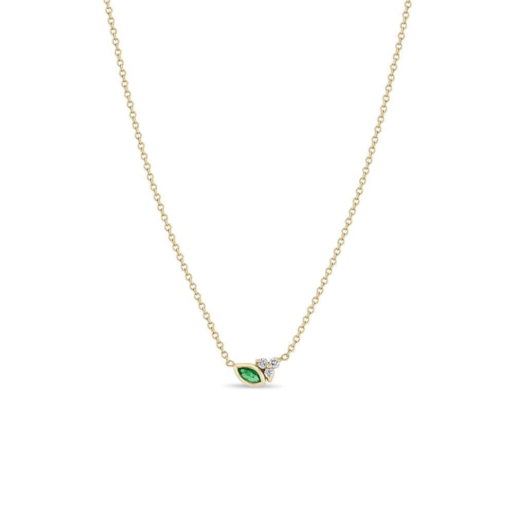 14K GOLD BEZEL SET MARQUISE EMERALD AND PRONG SET DIAMOND TRIO NECKLACE ON A 14-15-16" ADJUSTABLE CABLE CHAIN (.05 CTW)