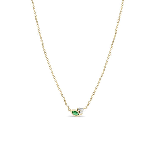 14K GOLD BEZEL SET MARQUISE EMERALD AND PRONG SET DIAMOND TRIO NECKLACE ON A 14-15-16" ADJUSTABLE CABLE CHAIN (.05 CTW)