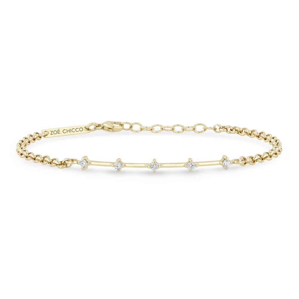 14K GOLD 4 PRONG DASH BRACELET WITH PRONG SET 2MM WHITE DIAMONDS WITH A 6-7" ADJUSTABLE SMALL ROLO CHAIN (.15 CTW)