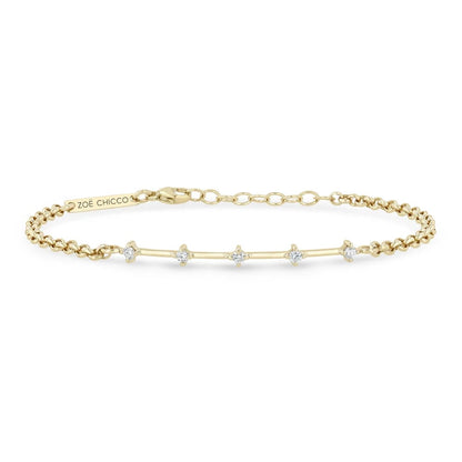 14K GOLD 4 PRONG DASH BRACELET WITH PRONG SET 2MM WHITE DIAMONDS WITH A 6-7" ADJUSTABLE SMALL ROLO CHAIN (.15 CTW)