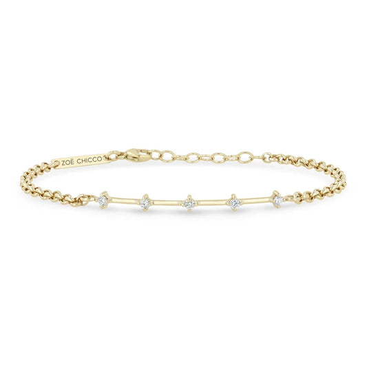 14K GOLD 4 PRONG DASH BRACELET WITH PRONG SET 2MM WHITE DIAMONDS WITH A 6-7" ADJUSTABLE SMALL ROLO CHAIN (.15 CTW)