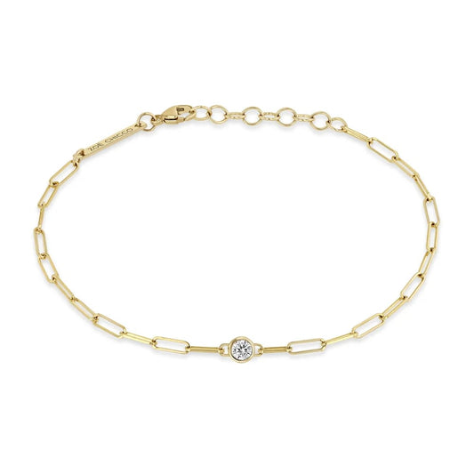 14K SMALL PAPERCLIP CHAIN BRACELET WITH A FLOATING 3MM DIAMOND IN THE CENTER - 6-7" ADJUSTABLE LENGTH (.10 CTW)